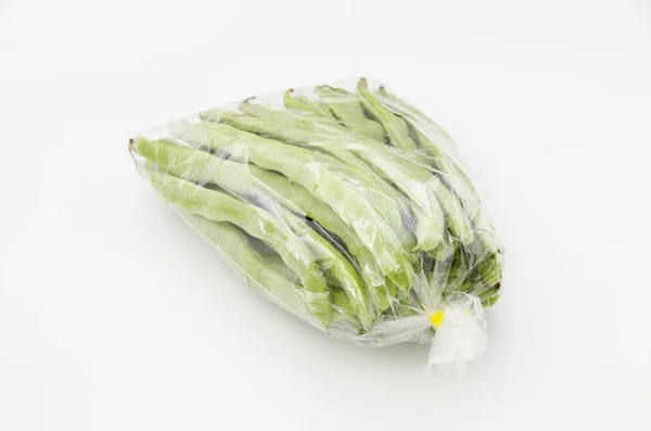 Flat Green Beans Plastic Bag White Background — 스톡 사진