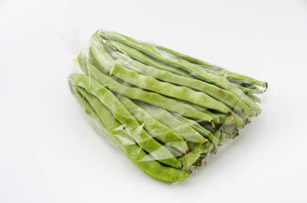 Flat Green Beans Plastic Bag White Background — 스톡 사진