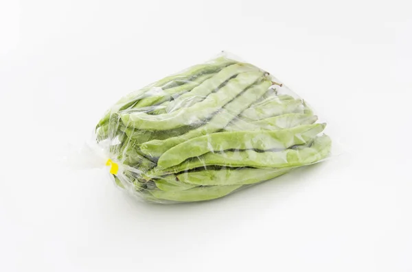 Flat Green Beans Plastic Bag White Background — Stock Photo, Image