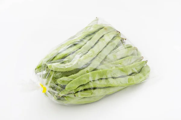 Flat Green Beans Plastic Bag White Background — 스톡 사진