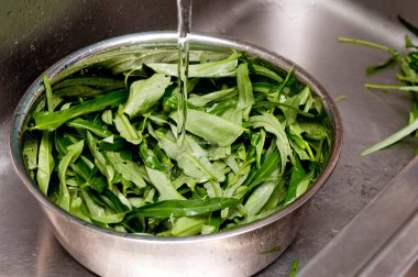 Sebzeleri (Çin Sabah Zaferi) mutfakta yıka. Yemek pişirmenin ilk adımı. 