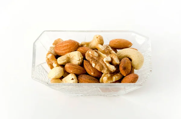 Mix Nuts Square Glass Bowl White Background — Stock Photo, Image