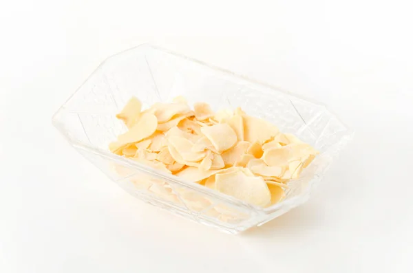 Szárított Fokhagymás Chips Kis Üvegedényben — Stock Fotó