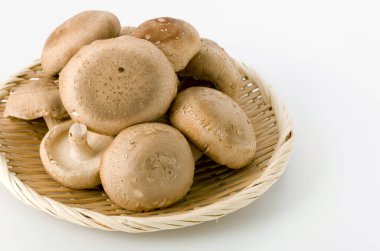 Beyaz arka planda bambu kevgirli Shiitake mantarı