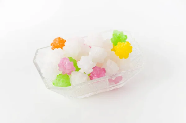Colorful Konpeitou Japanese Traditional Sugar Candy Small Glass Bowl — Stock Photo, Image