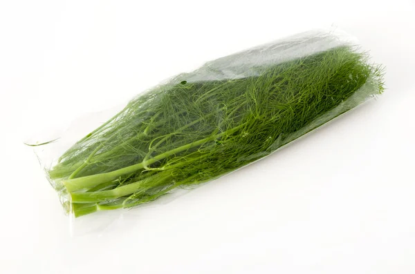 Fresh Fennel Transparent Plastic Bag White Background — Stock Photo, Image