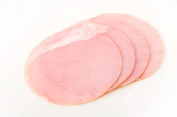 Ronde Plakjes Varkenslende Ham Witte Achtergrond — Stockfoto