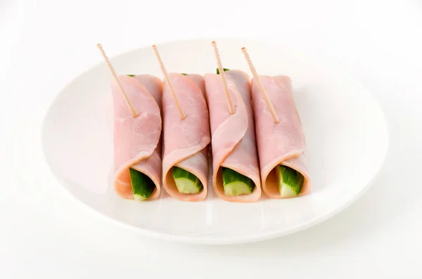 Fresh Cucumber Wrapped Loin Ham Dish White Background — Stock Photo, Image