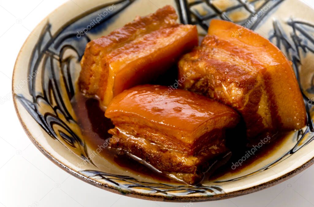 Japanese food,Okinawa cuisine Rafuthy. Okinawan-style stewed pork cubes, pork belly, stewed in awamori, soy, dashi broth, and sugar.