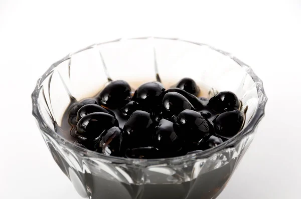 Boiled Black Beans Glass Bowl White Background — Stock Photo, Image