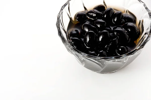 Boiled Black Beans Glass Bowl White Background — Stock Photo, Image