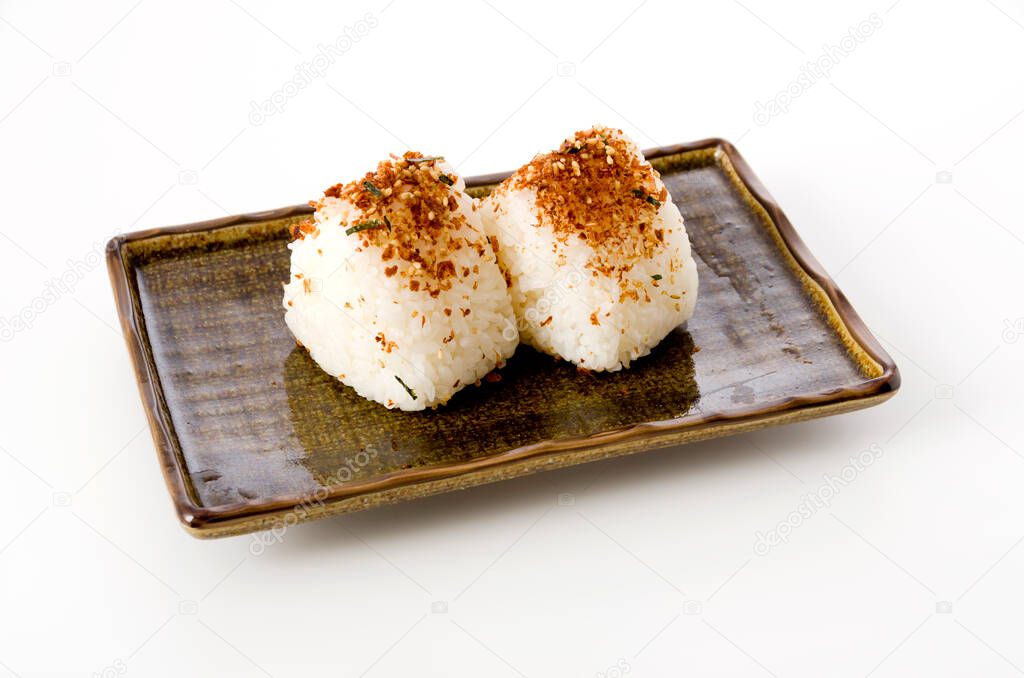 Japanese food, homemade furikake Rice ball on dish