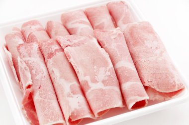 Thin sliced pork boston butt in plastic tray on white background 