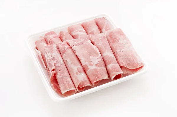 Thin Sliced Pork Boston Butt Plastic Tray White Background — Stok fotoğraf