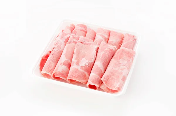 Thin Sliced Pork Boston Butt Plastic Tray White Background — Stockfoto