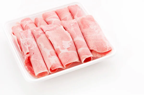 Thin Sliced Pork Boston Butt Plastic Tray White Background — Stock Photo, Image