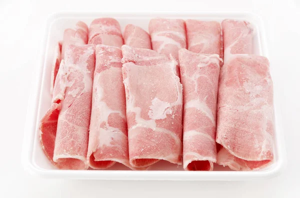 Thin Sliced Pork Boston Butt Plastic Tray White Background — Stockfoto