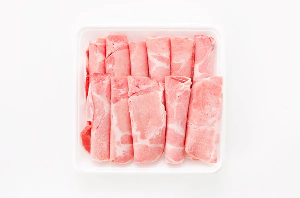 Thin Sliced Pork Boston Butt Plastic Tray White Background — Stockfoto