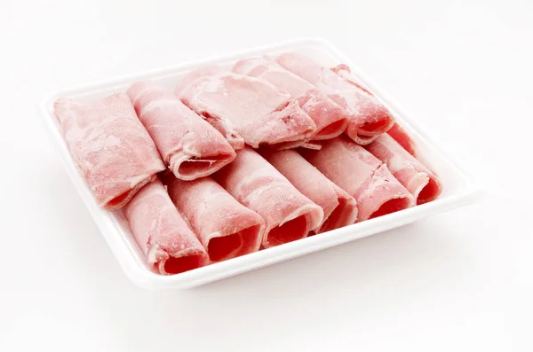 Thin Sliced Pork Boston Butt Plastic Tray White Background — Stockfoto