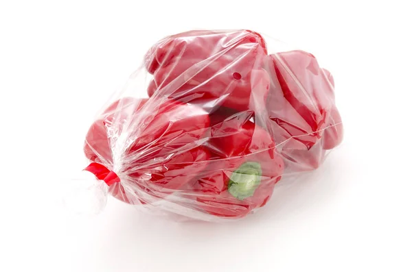 Rote Paprika Plastiktüte Auf Weißem Hintergrund — Stockfoto