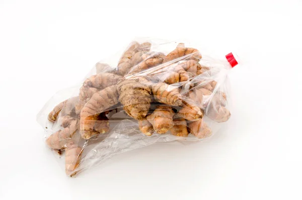 Vildgurkmeja Curcuma Aromatica Salisb Plastpåse Vit Bakgrund — Stockfoto