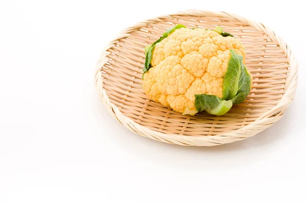 Orange Cauliflower Bamboo Colander White Background — Stock Photo, Image