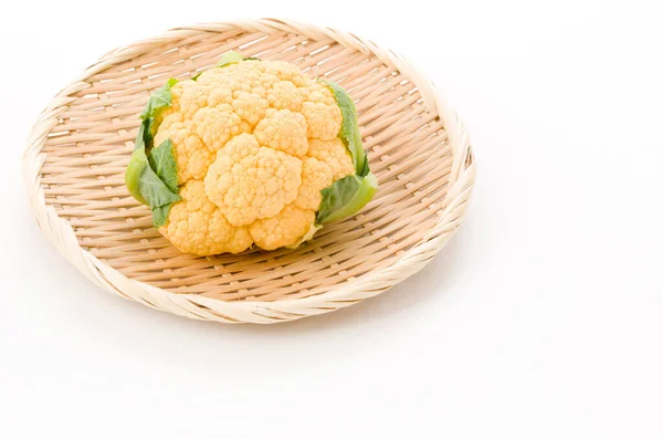 Orange Cauliflower Bamboo Colander White Background — Stock Photo, Image