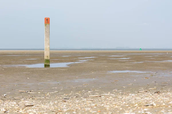 A wooden pole with red head on the beach of the North Sea in the