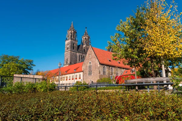 Magnifika färgglada katedralen i Magdeburg i höst, Tyskland — Stockfoto