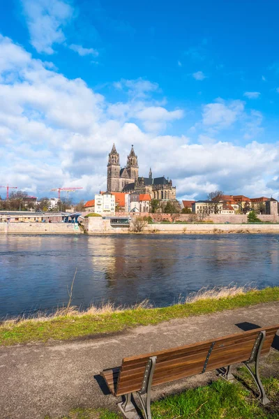View of Magdeburg Cathedral and Elbe river from a bench, Magdebu — Stock Photo, Image