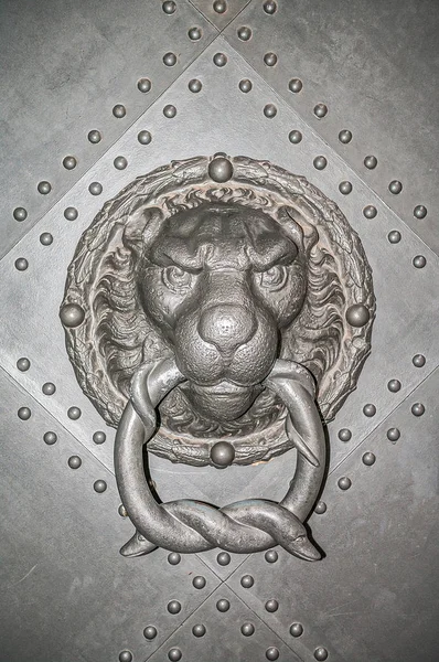 Starověké německé železné okované dveře s lví tlamou, detailní záběr, detaily — Stock fotografie