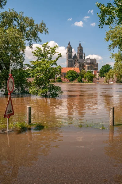 Magdeburg şehir merkezindeki Elbe Nehri 'nde büyük bir sel var.