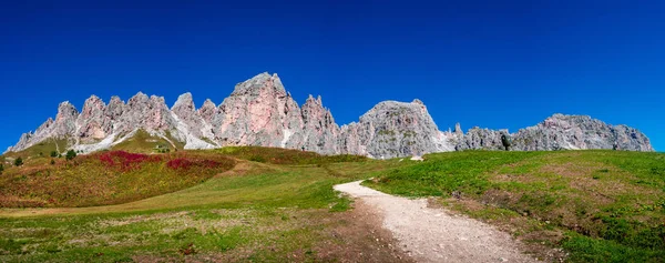 Panorámás kilátás varázslatos Dolomite csúcsok Pizes da Cir, Passo — Stock Fotó