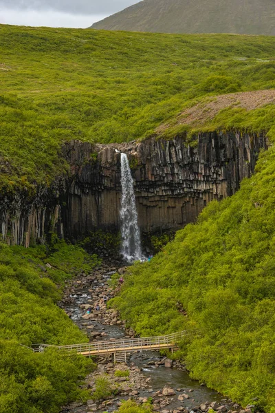 Чудовий і високий водоспад Сварифосс з чорною базальтовою колоною — стокове фото