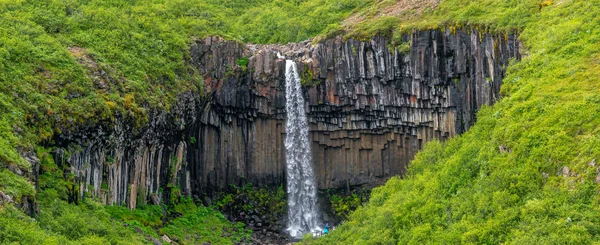 Wunderschöner und hoher svartifoss wasserfall mit schwarzer basaltsäule — Stockfoto