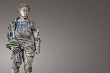 Aziz Maurice 'in (Kara Şövalye) 13. yüzyılın Roma askeri olarak Magdeburg Katedrali' nde kapı bekçisi olarak izole edilmiş antik portresinin yer aldığı pankart, kopya uzayı Magdeburg, Almanya