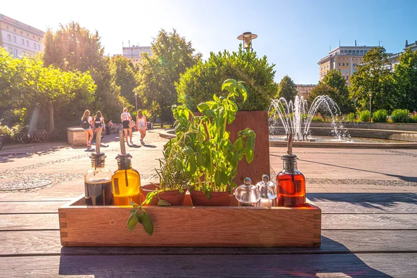 Mesa Restaurante Aire Libre Con Diferentes Ingredientes Especias Aceites Frente — Foto de Stock