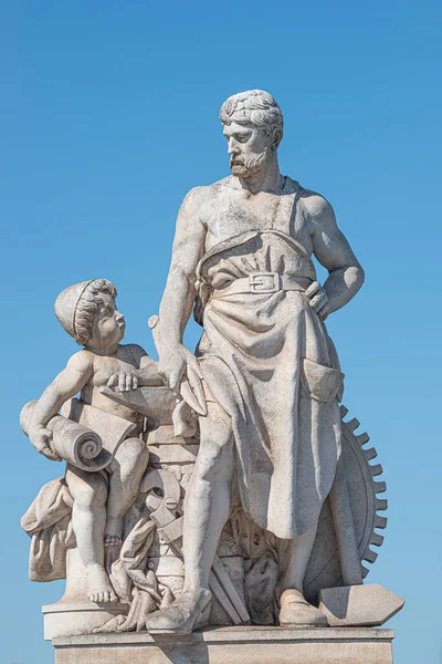 Elderly Young Old Sculpture Farmer His Scholar Zoll Bridge Magdeburg — Stock Photo, Image