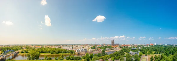 Panoramisch Uitzicht Elbe Oude Nieuwe Stad Kathedraal Stadspark Magdeburg Duitsland — Stockfoto