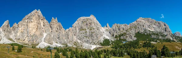 Panoramiczny Widok Magicznych Szczytów Dolomitów Pizes Cir Passo Gardena Błękitnym — Zdjęcie stockowe