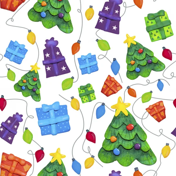 Karácsonyi Minta Ajándékokkal Karácsonyi Fények Karácsonyfa — Stock Fotó