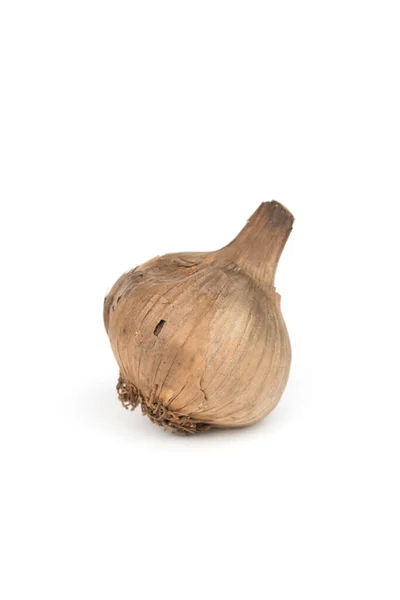 Gehele Zwarte Knoflookkop Geïsoleerd Witte Achtergrond Allium Sativum — Stockfoto