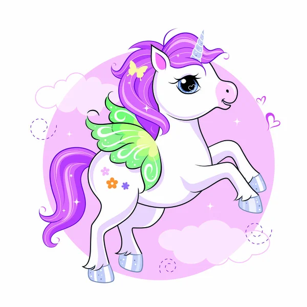 Cute little unicorn character with butterfly wings over pink round background. Vector. — Stock Vector