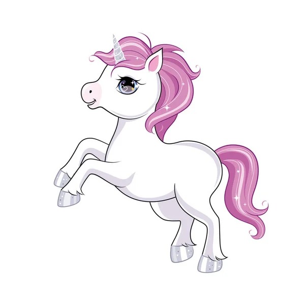 Lindo personaje pequeño unicornio sobre fondo redondo rosa. Vector . — Vector de stock