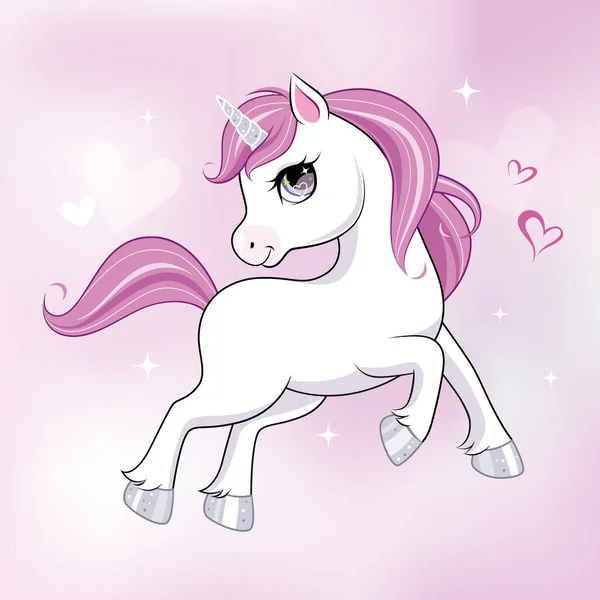 Mignon petit personnage de licorne sur fond rond rose. Vecteur . — Image vectorielle