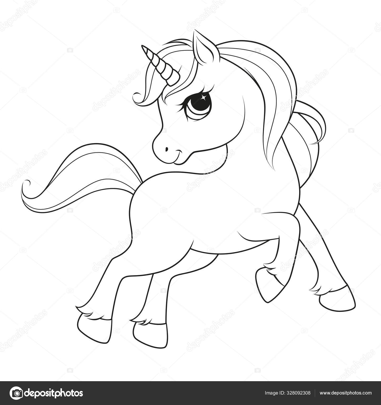 Cute cartoon unicorn. Black and white vector illustration for coloring ...