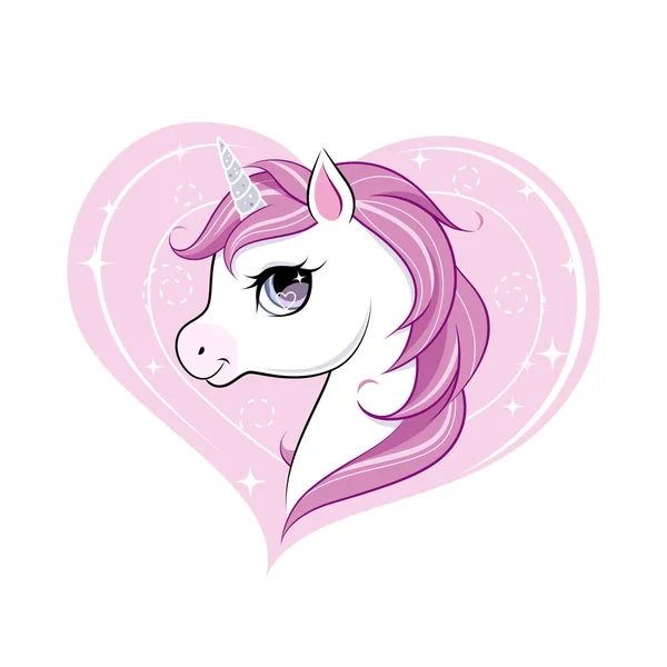 Lindo personaje pequeño unicornio sobre fondo rosa en forma de corazón. Vector . — Vector de stock