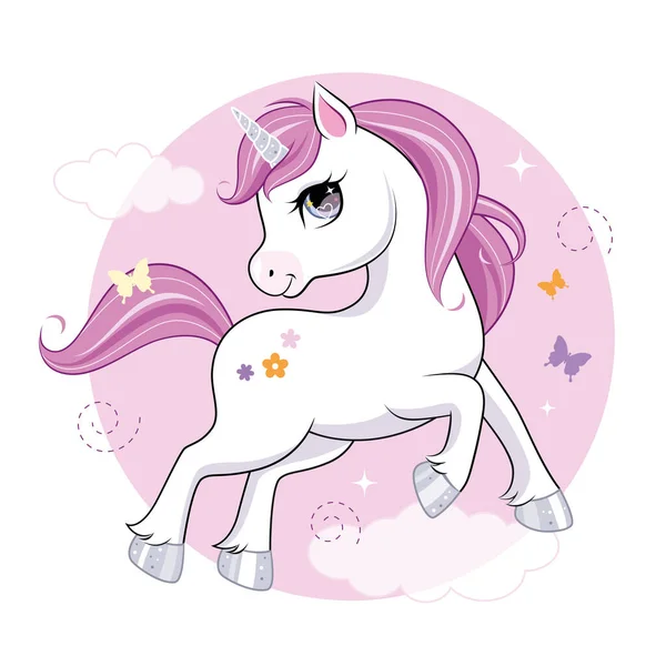 Lindo personaje pequeño unicornio sobre fondo rosa. Vector . — Vector de stock