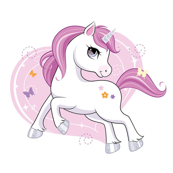 Lindo personaje pequeño unicornio sobre fondo rosa. Vector . — Vector de stock