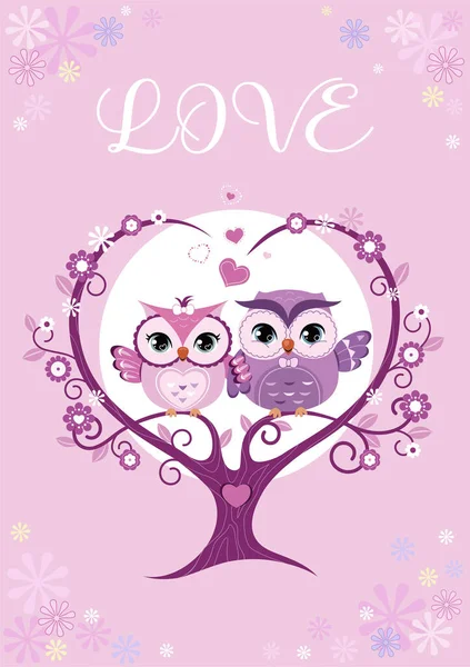 Owls couple in love sitting on a tree branch. Template for poster, card, your design. Vector. — Stock Vector